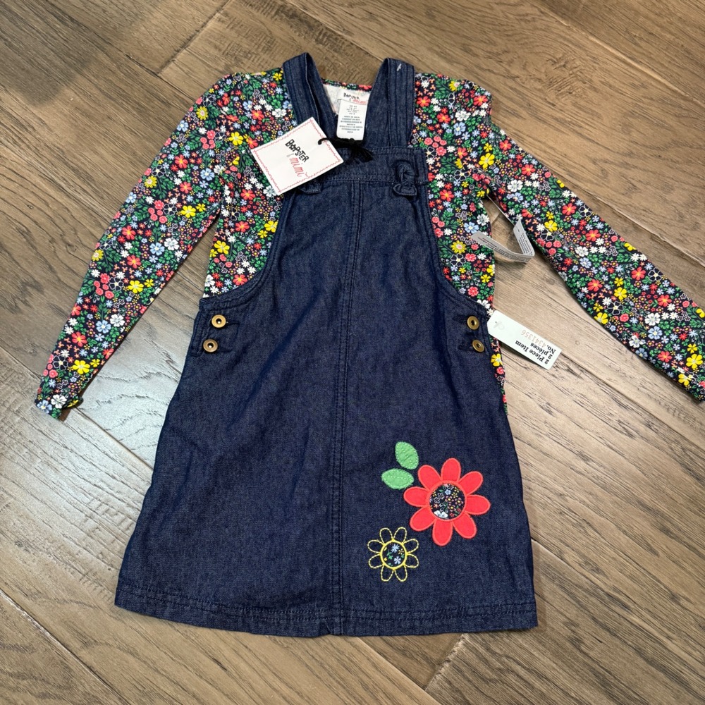 Bopster & Mimi Denim Dress‎ Set Floral Long Sleeve Outfit 4T